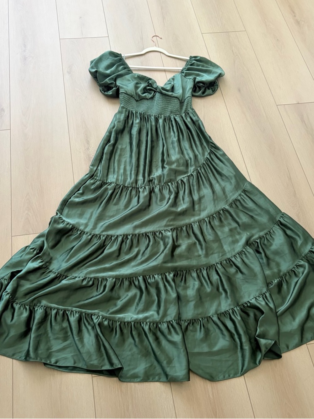 Free People Premium Sundrenched Silky Satin Maxi Tiered Dress Green Sage Large - Picture 5 of 12